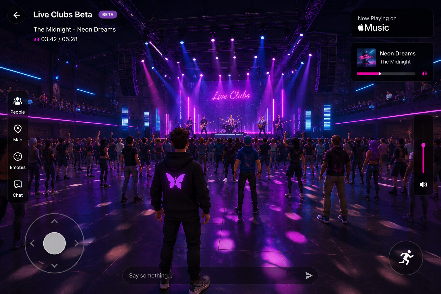 Meusic Live Clubs Beta concept: a crowd in a neon-lit concert venue, with a live band, balconies, and chat and movement controls